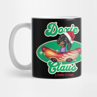 Funny cute Doxie Dog in classic hotdog car on Doxie Claus Dachshund Mug